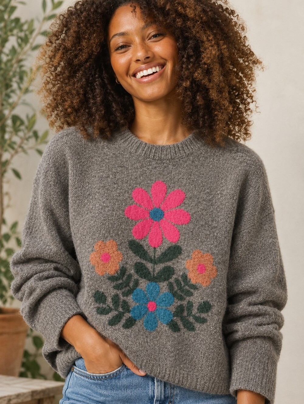 Natural Life Wool Blend Floral Crewneck Sweater Oversized Soft Fall Sz L